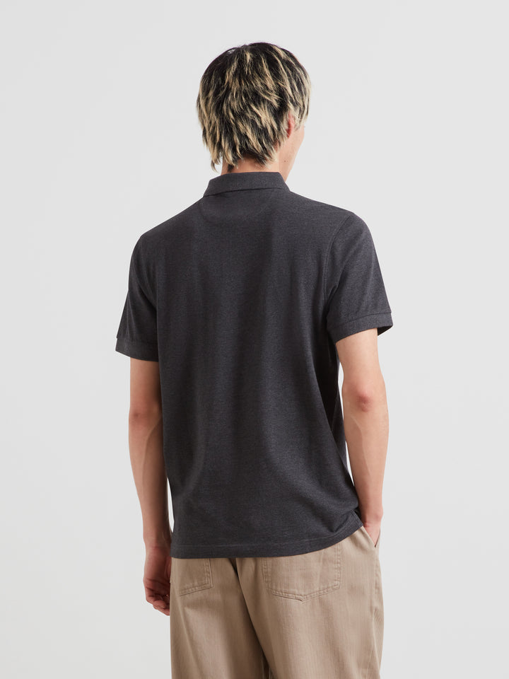 Washed black marl polo shirt back view, short sleeves