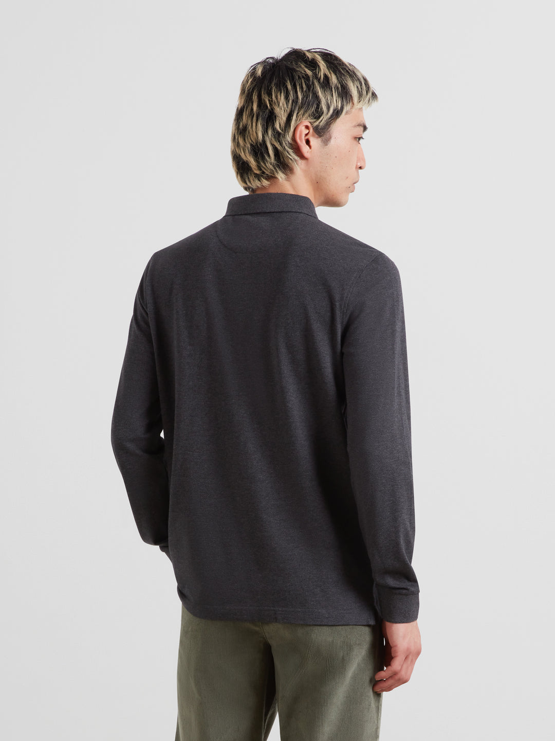 Washed black marl long-sleeve polo shirt, back view, full-length sleeves and collar.