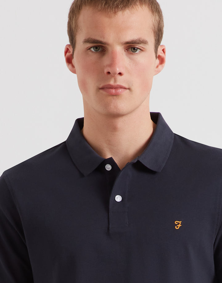 Men’s navy polo shirt with button placket and small chest logo