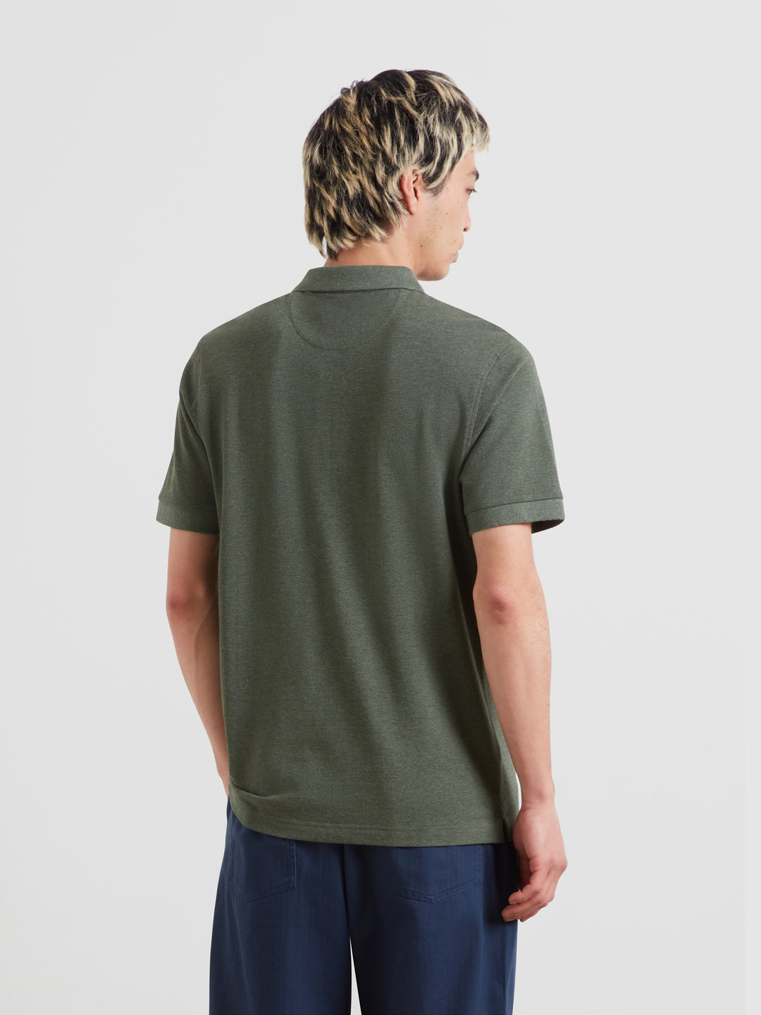 Olive green marl polo shirt shown from back with short sleeves