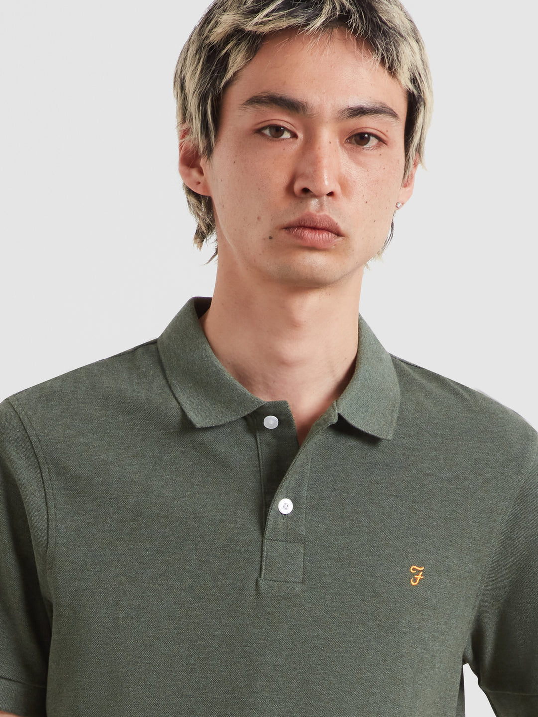 Olive green marl polo shirt with button placket, collar, and short sleeves
