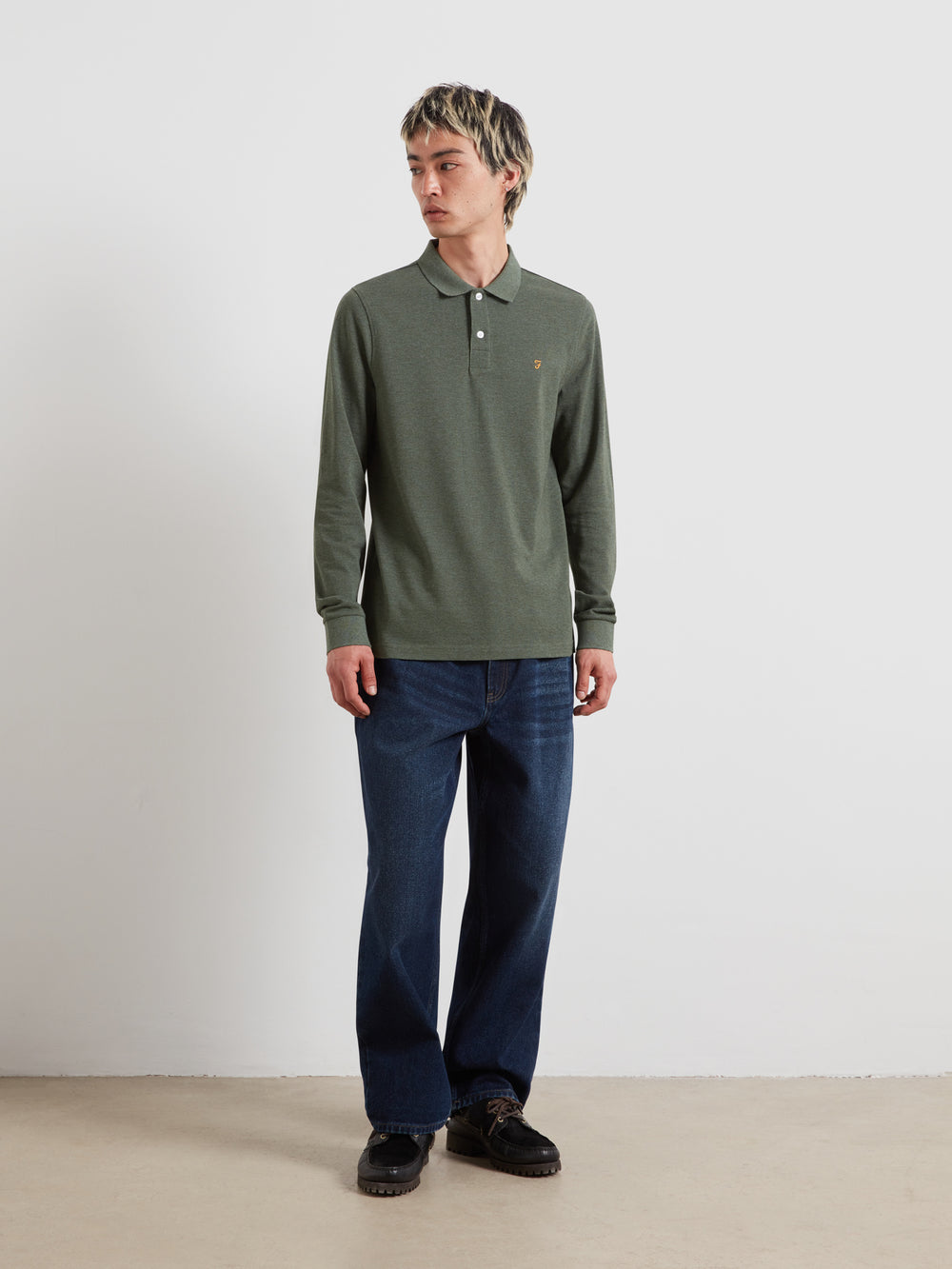 Dark green long-sleeve polo shirt with collar and button placket, chest logo