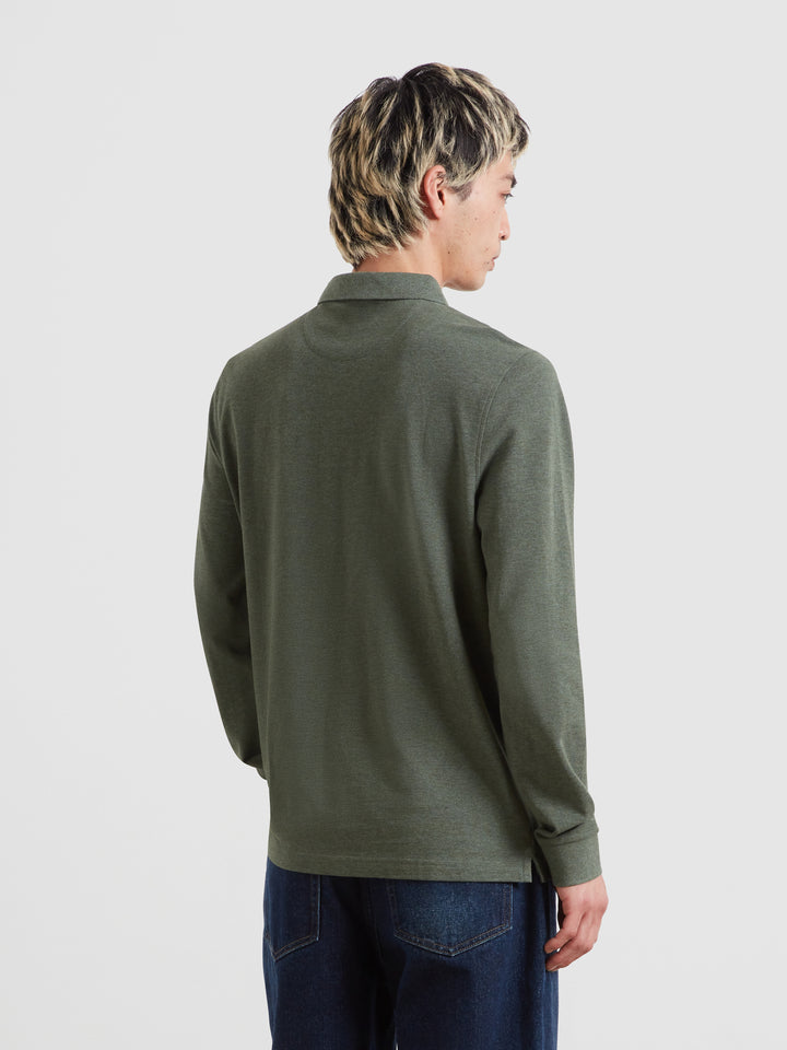 Dark green long-sleeve polo shirt, back view with collar and yoke seam