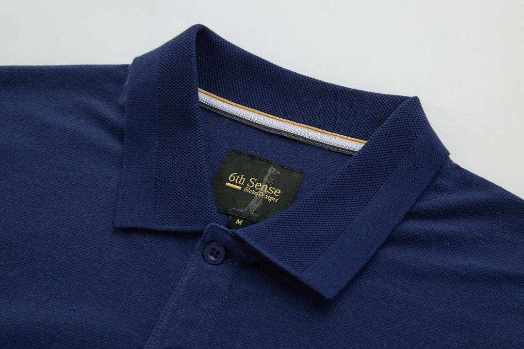 Dress blue long-sleeve polo shirt with ribbed collar and button placket