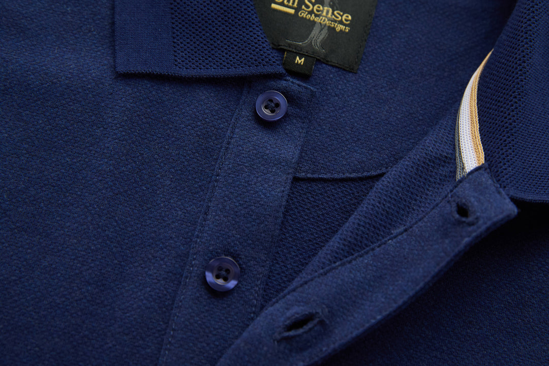 Dress blue long-sleeve polo shirt collar and button placket with stitching