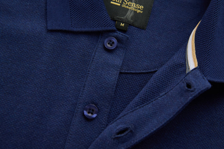 Dress blue long-sleeve polo shirt collar and button placket with stitching