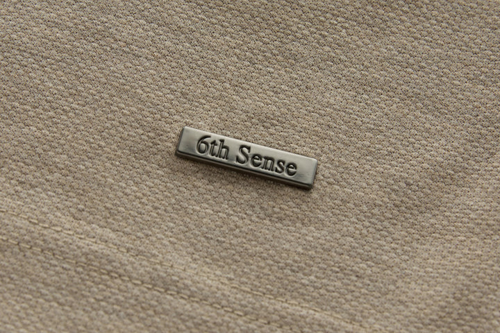 Beige long-sleeve polo shirt chest logo bar: 6th Sense.