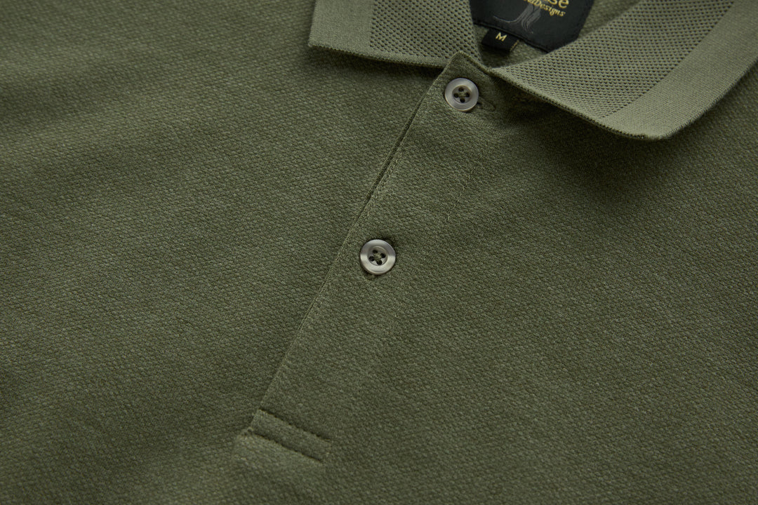 Olive long-sleeve polo shirt button placket and collar