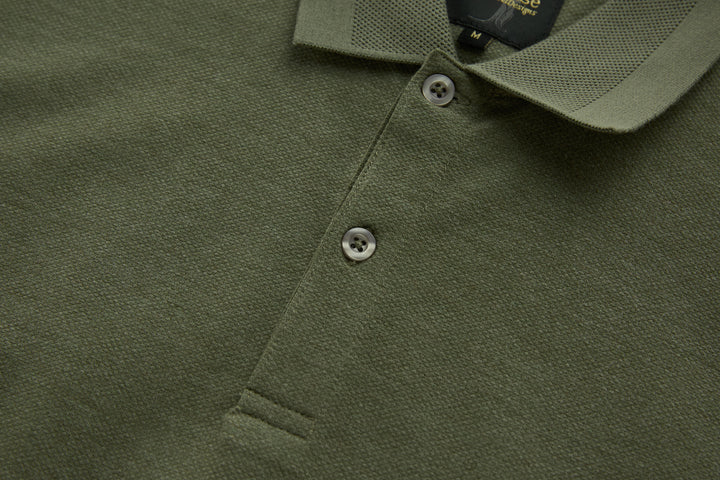 Olive long-sleeve polo shirt button placket and collar