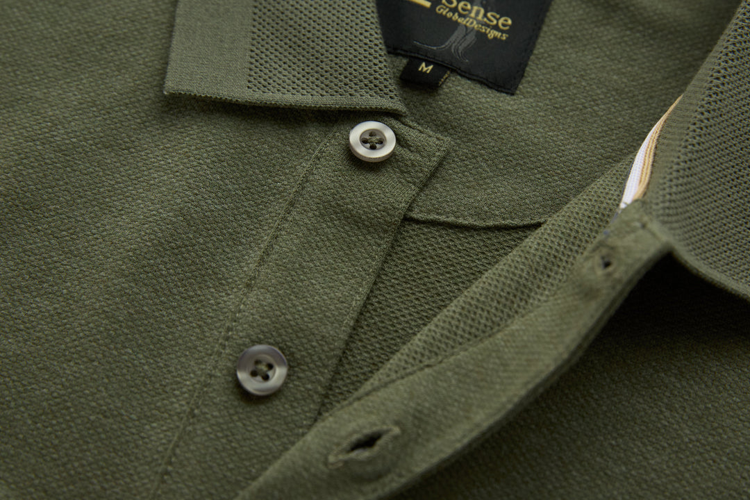 Olive long-sleeve polo shirt with button placket and neckline