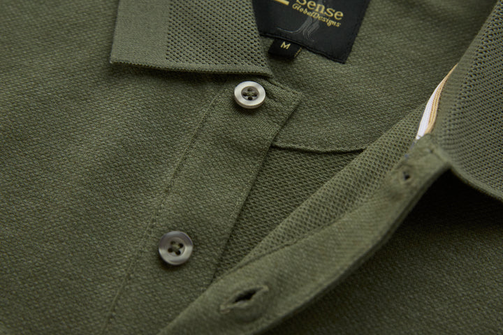 Olive long-sleeve polo shirt with button placket and neckline