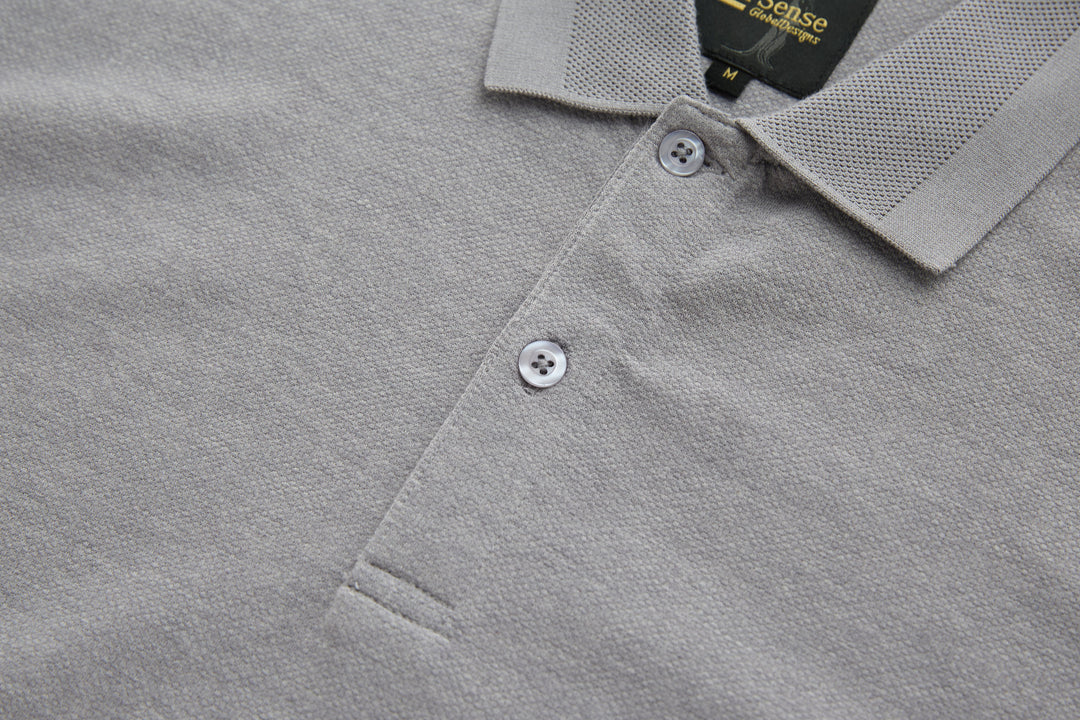 Light gray long-sleeve polo shirt front with two button placket.