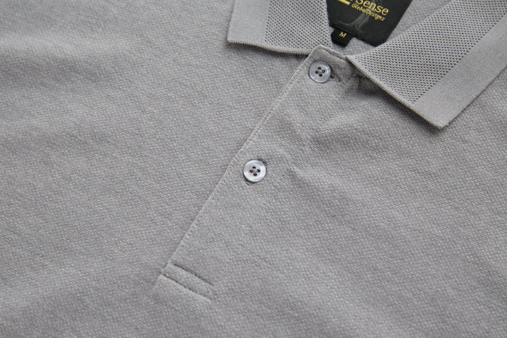 Light gray long-sleeve polo shirt front with two button placket.