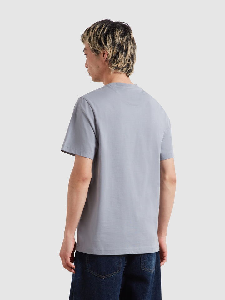 Men's light blue crew-neck T-shirt from back view with short sleeves and logo