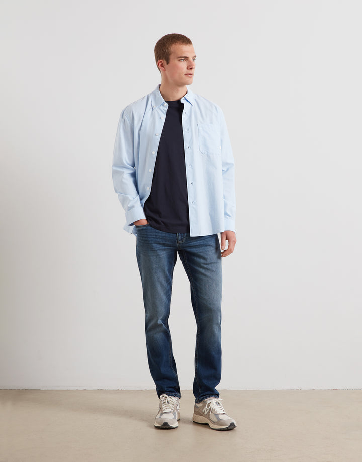 True navy crew-neck T-shirt with small chest logo, short sleeves