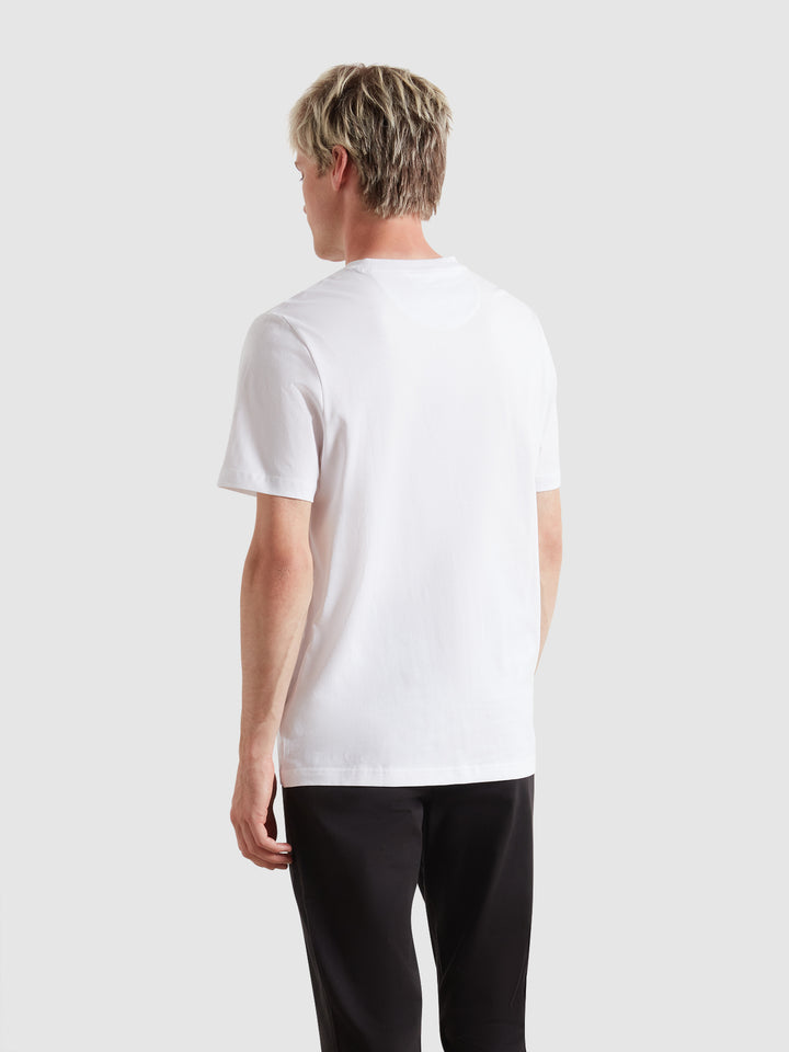 White crew-neck T-shirt back view with short sleeves and straight hem