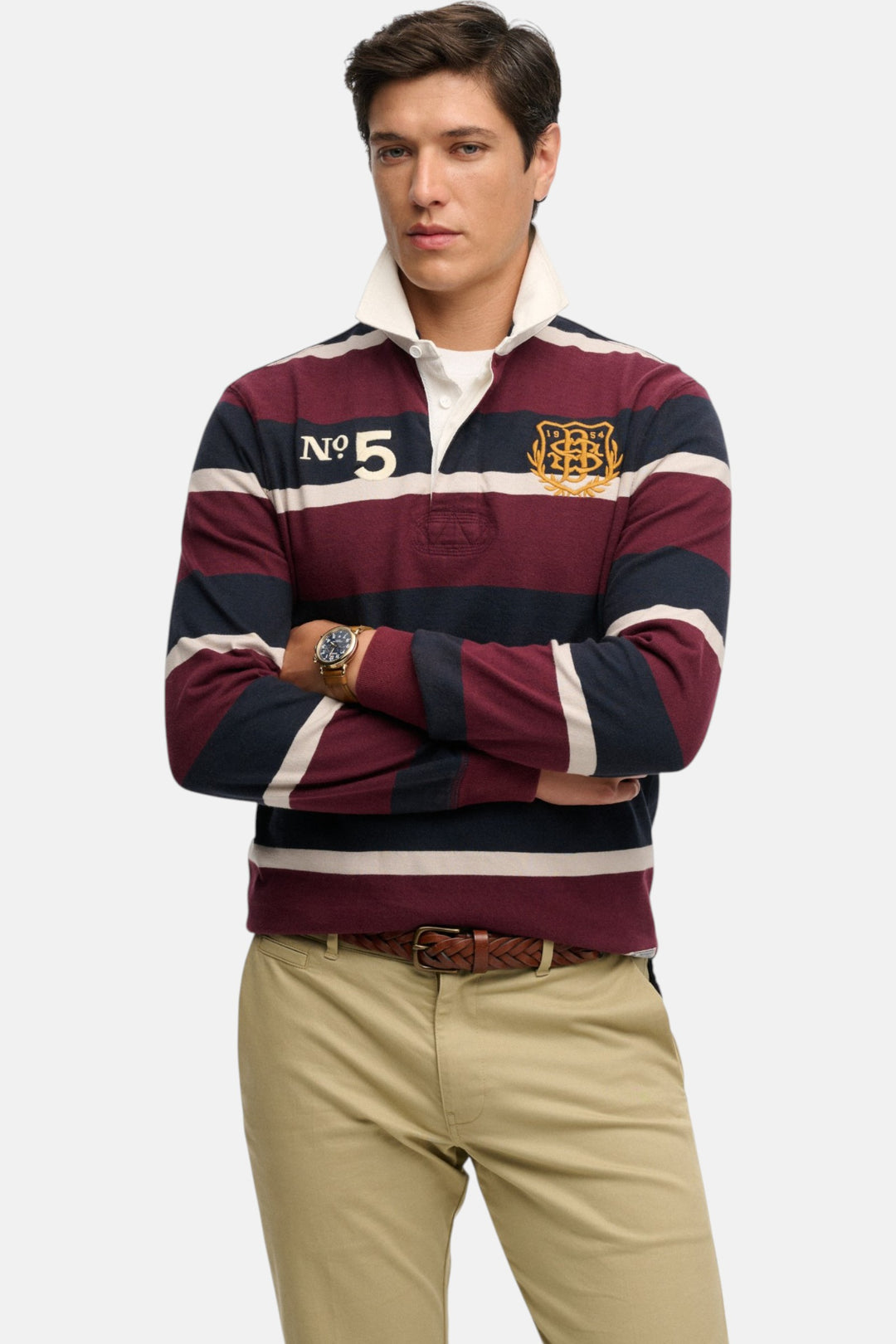 Men's striped rugby top with No. 5 and crest embroidery, white collar, long sleeves