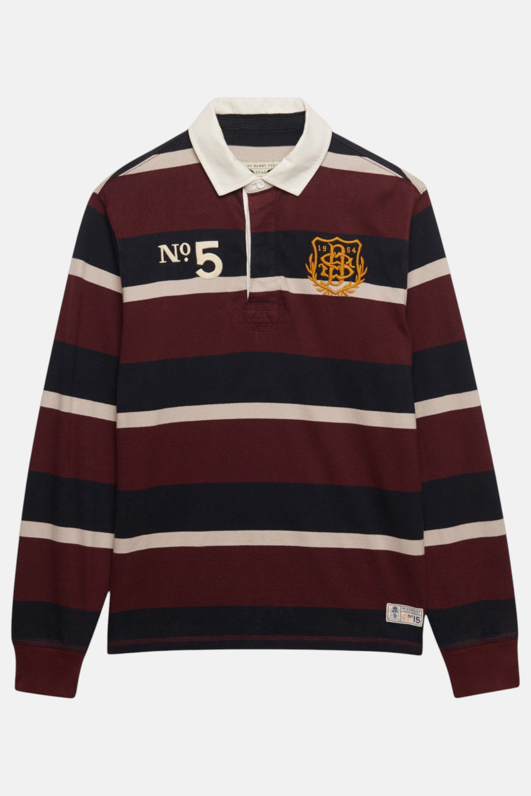 Men's rugby top with port and navy horizontal stripes, collared placket and crest