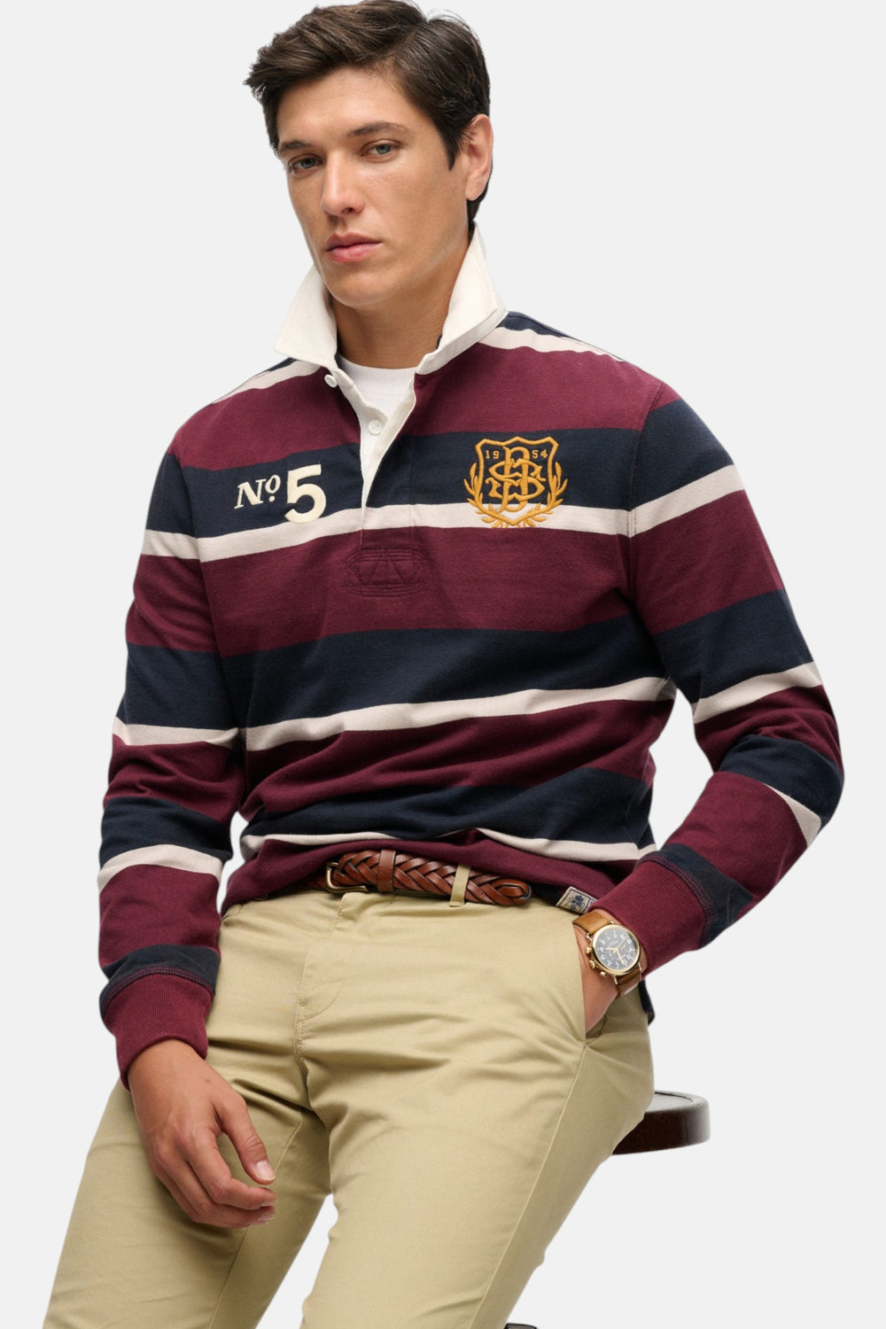 Men's port and navy striped rugby top with white collar and No. 5 patch