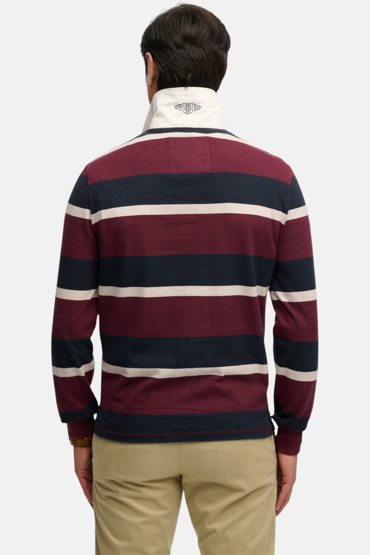 Men's back view rugby top in port and navy stripes with white collar