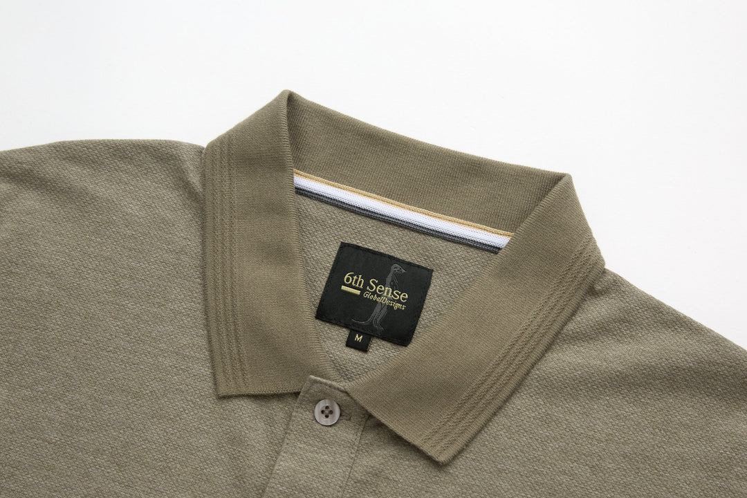 Olive polo shirt with button placket and ribbed collar