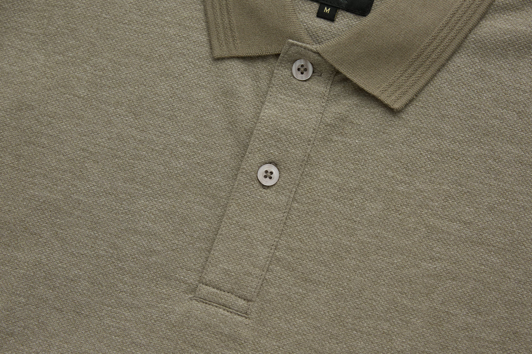 Olive polo shirt front with three-button placket