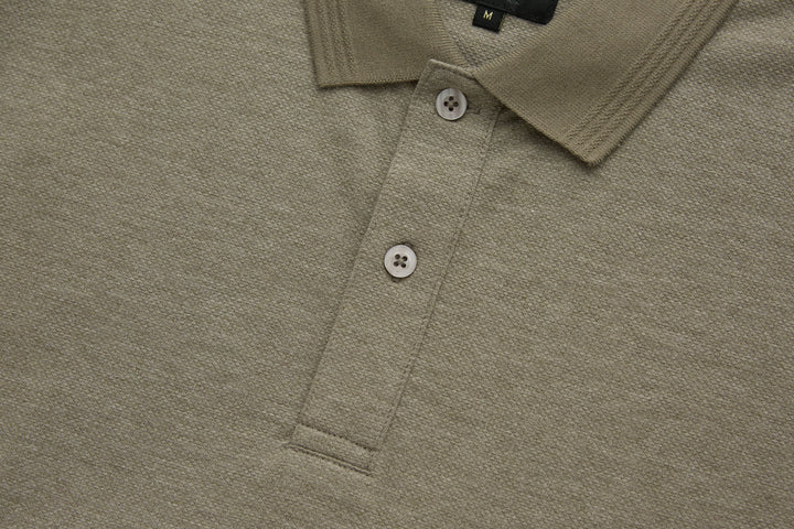 Olive polo shirt front with three-button placket