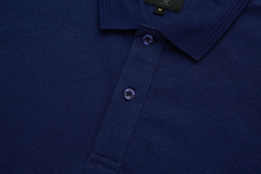 Dress blue polo shirt chest button placket with two button fasteners and folded collar