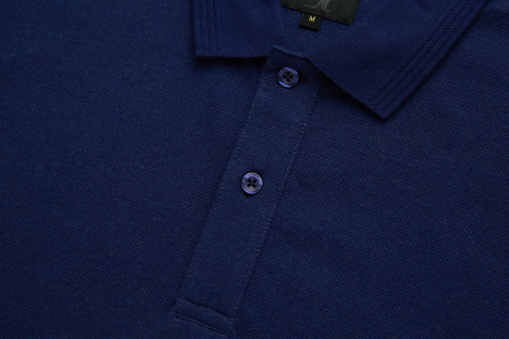 Dress blue polo shirt chest button placket with two button fasteners and folded collar
