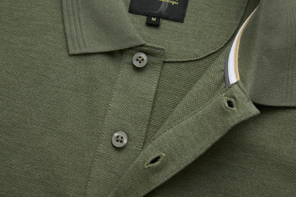 Olive polo shirt collar with buttons and contrast inner placket detail