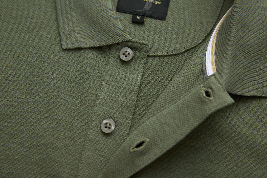 Olive polo shirt collar with buttons and contrast inner placket detail