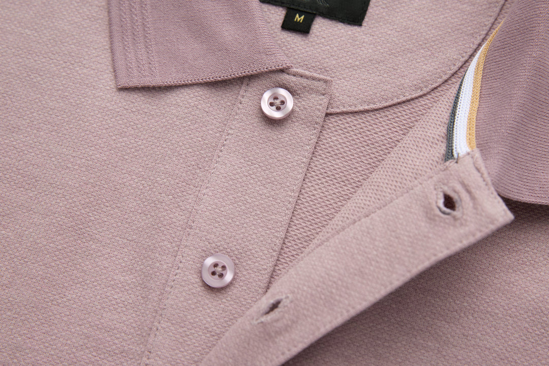 Woodrose polo shirt neckline and three-button placket, striped inner trim