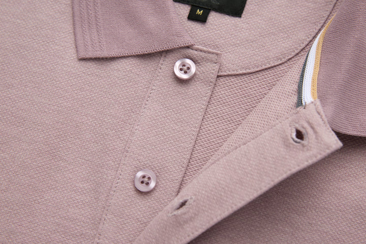 Woodrose polo shirt neckline and three-button placket, striped inner trim