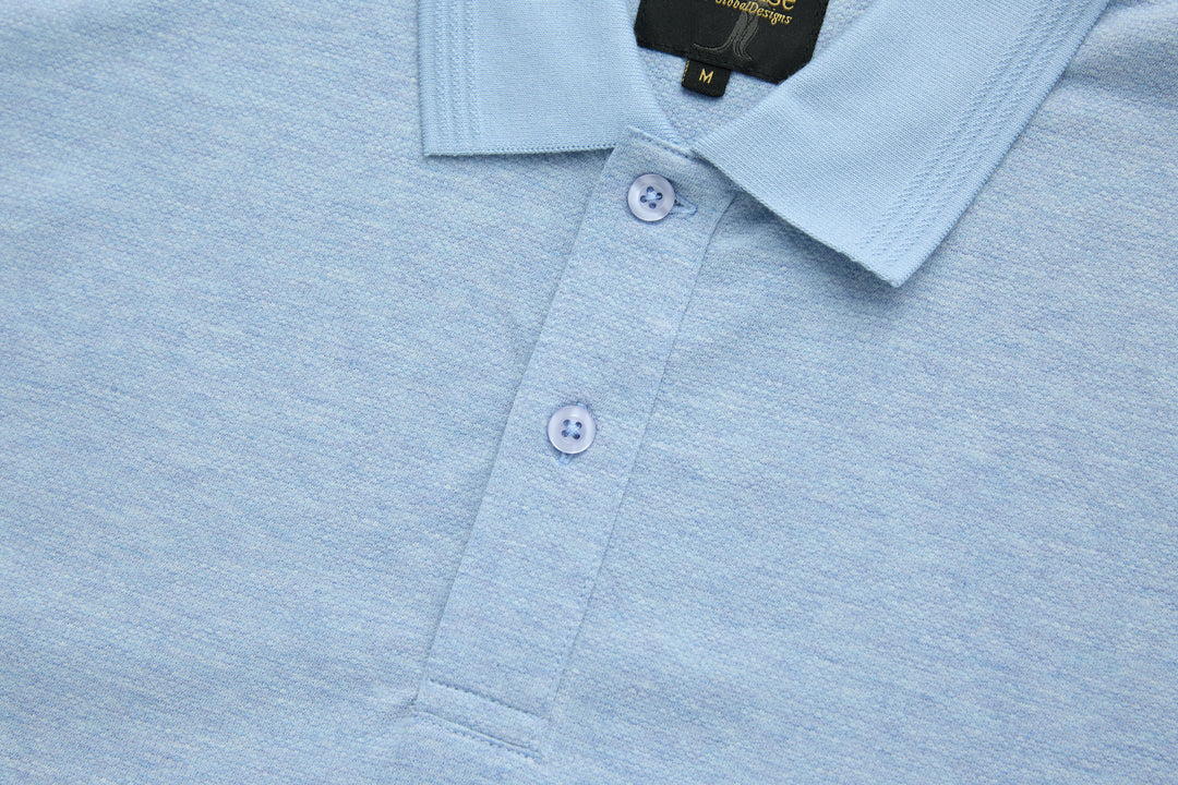 Sky blue polo shirt with folded collar and button-front placket