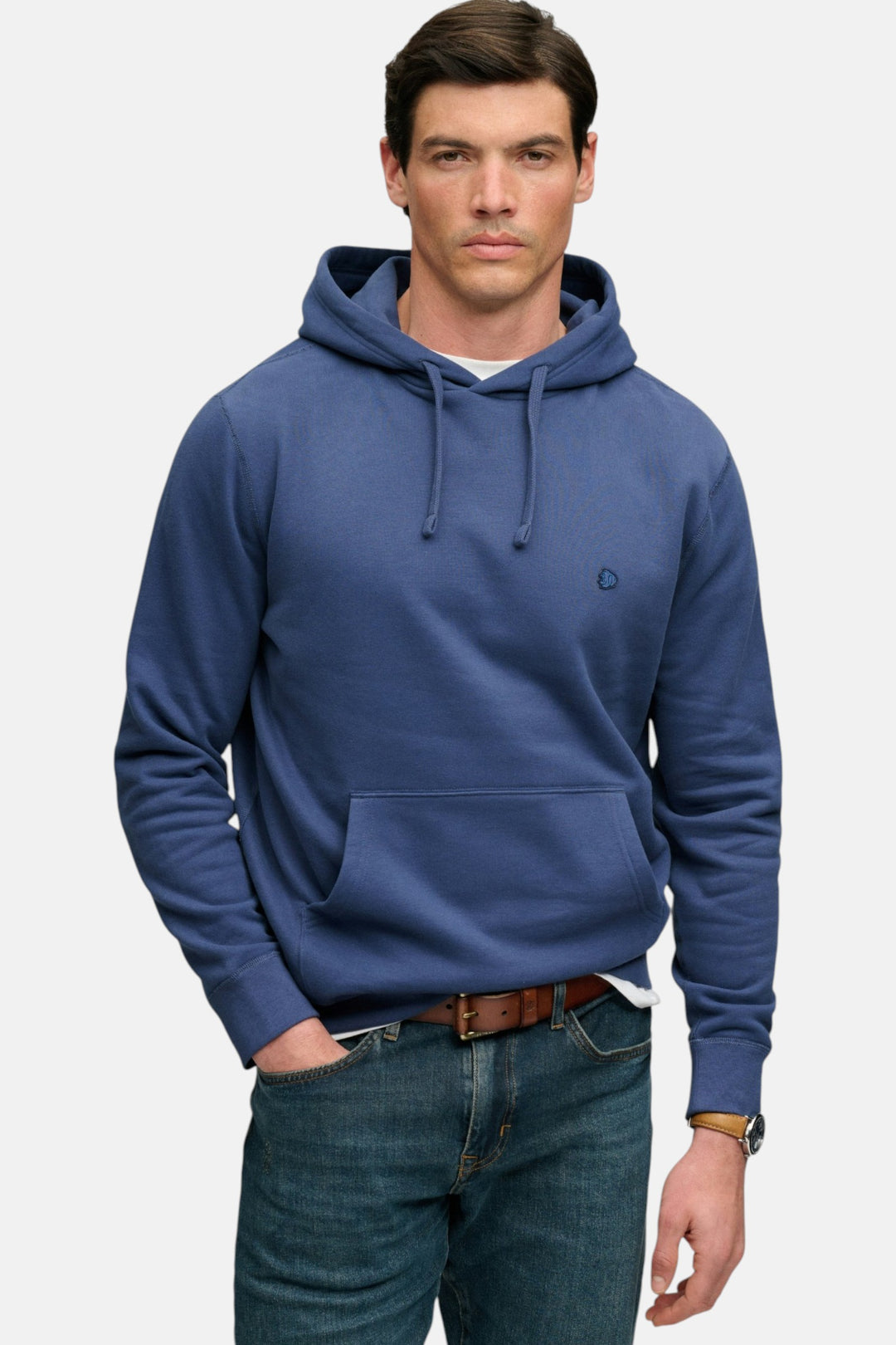 Blue pullover hoodie with front kangaroo pocket and drawstring hood, small chest logo