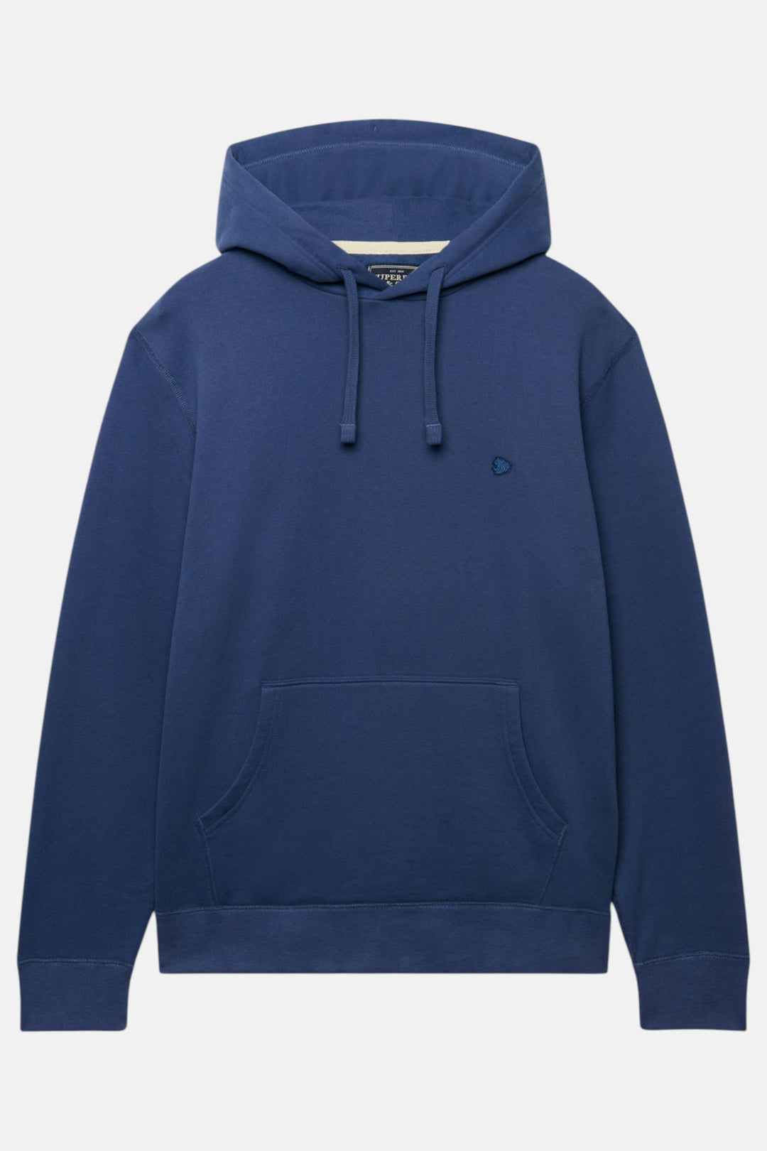 Blue pullover hoodie front view with drawstring hood and kangaroo pocket, chest logo