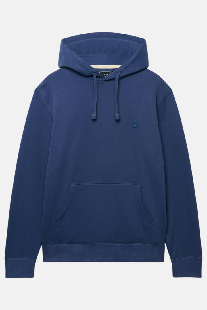 Blue pullover hoodie front view with drawstring hood and kangaroo pocket, chest logo