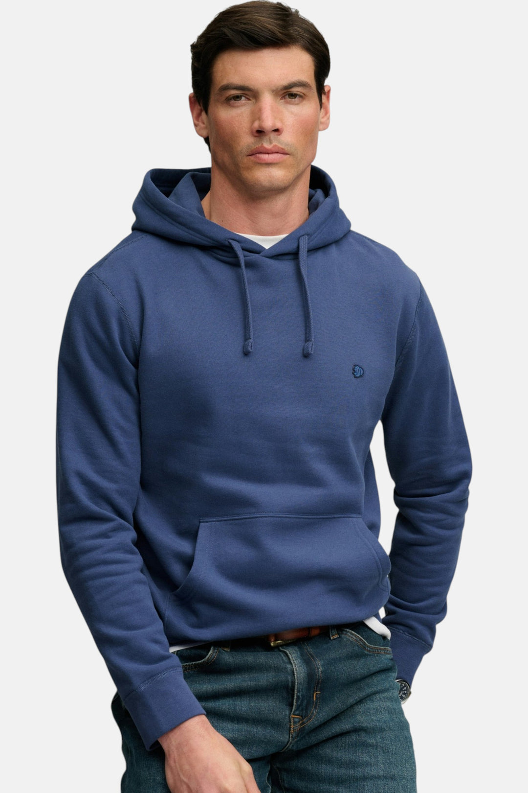 Blue pullover hoodie with drawstring hood and kangaroo pocket, small chest logo