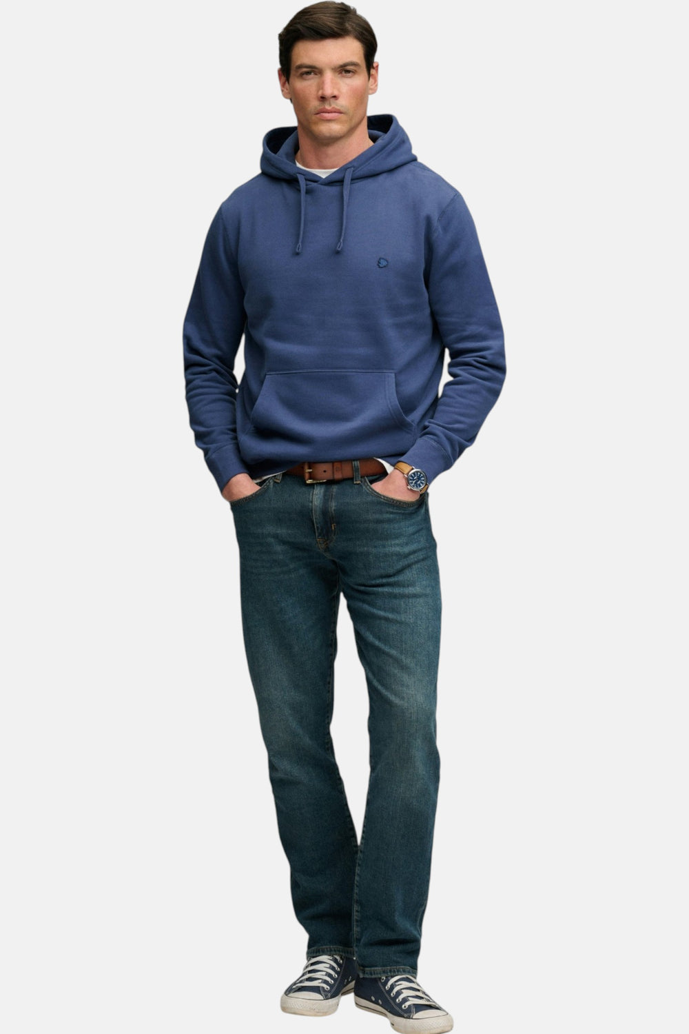 Blue pullover hoodie with drawstring hood and kangaroo pocket