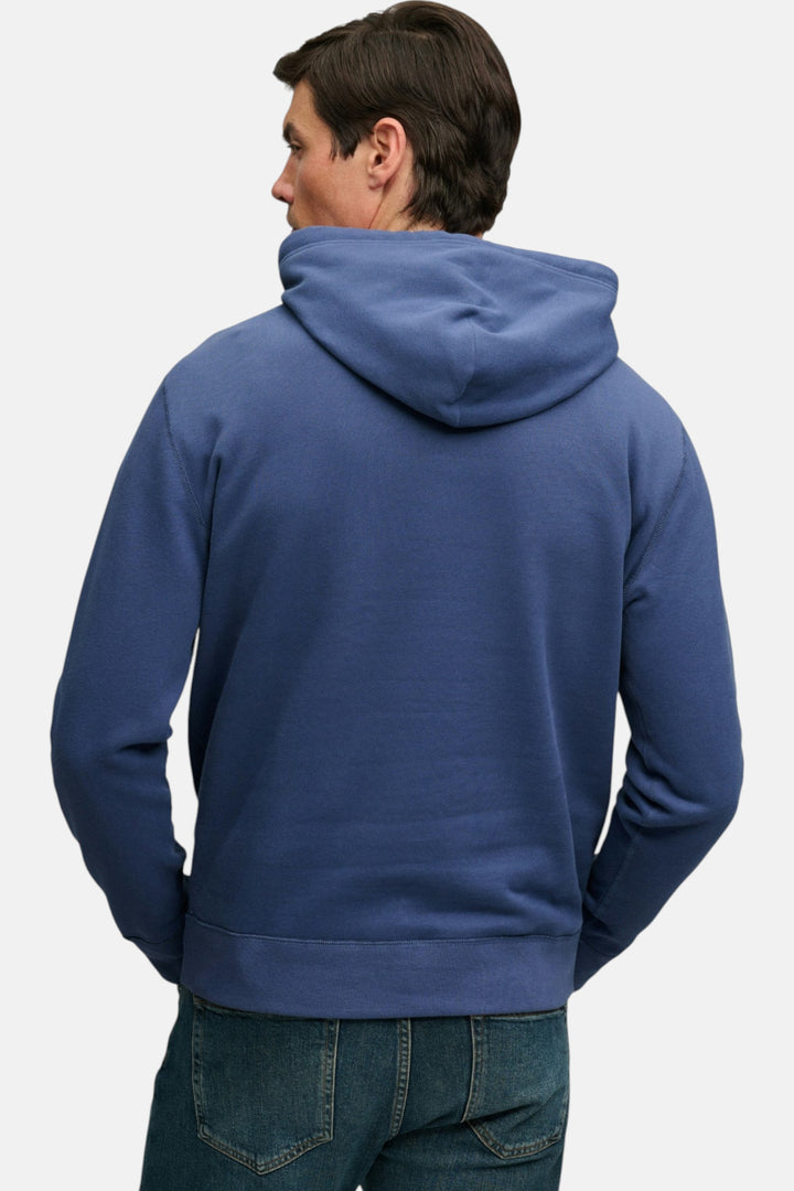 Blue pullover hoodie from back with hood, ribbed cuffs, and kangaroo pocket