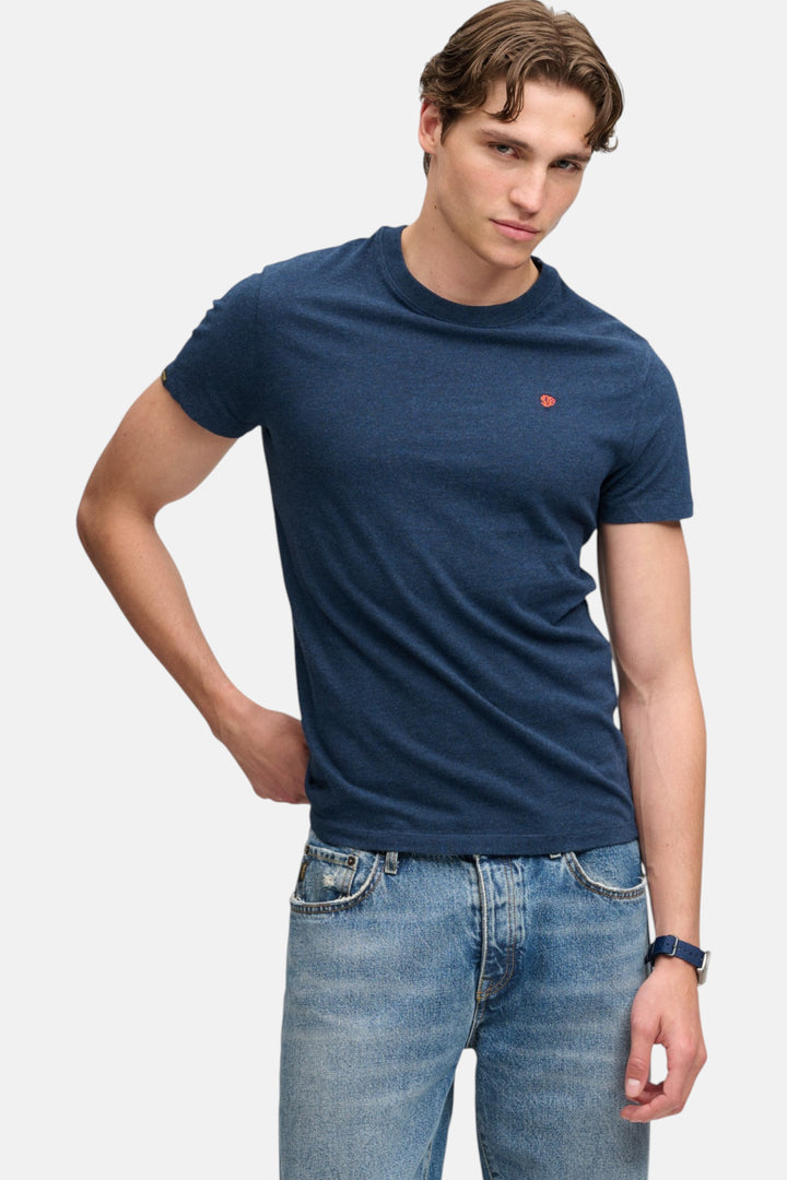 Men's Essential T-shirt in deep blue marl with small orange chest logo, front view