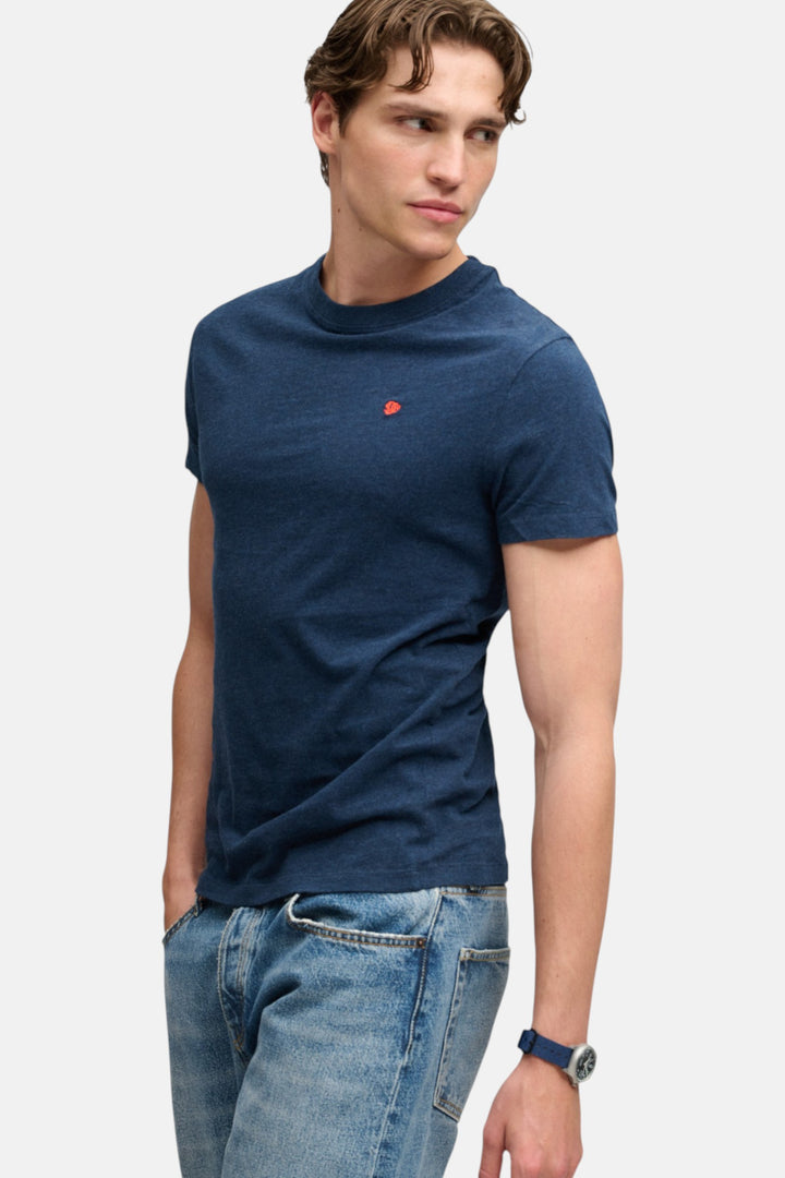 Men's Essential T-shirt in deep blue marl, crew neck, short sleeves, orange logo