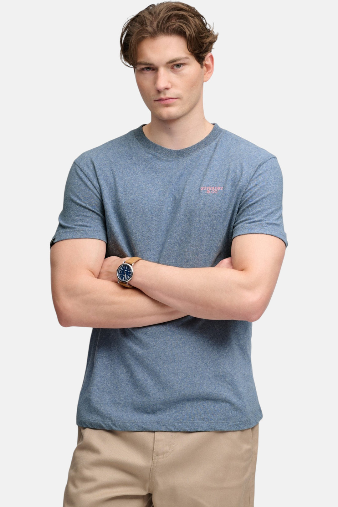 Blue marl crew-neck short-sleeve T-shirt front view with small chest logo