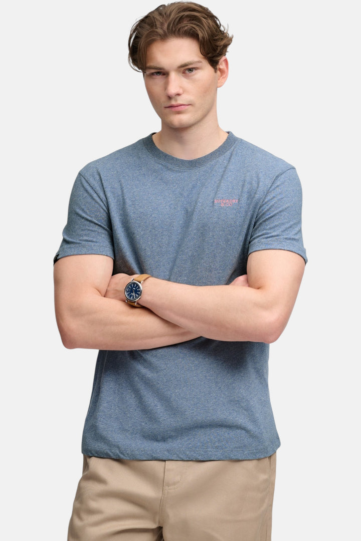 Blue marl crew-neck short-sleeve T-shirt front view with small chest logo