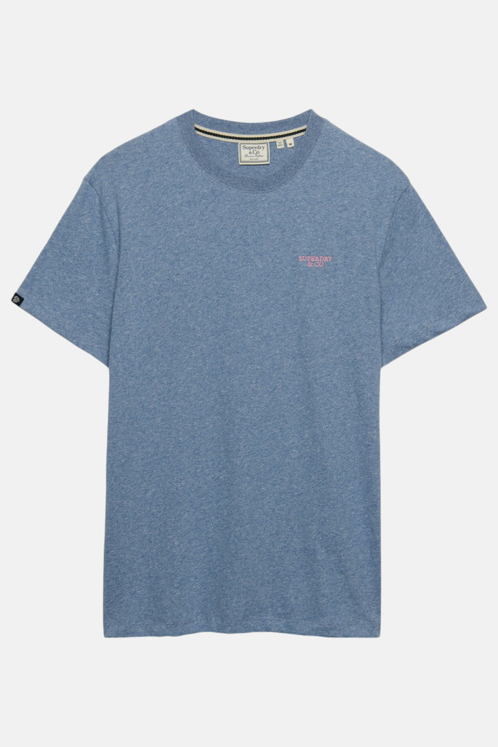 Blue marl crew-neck T-shirt with neck label and small chest logo