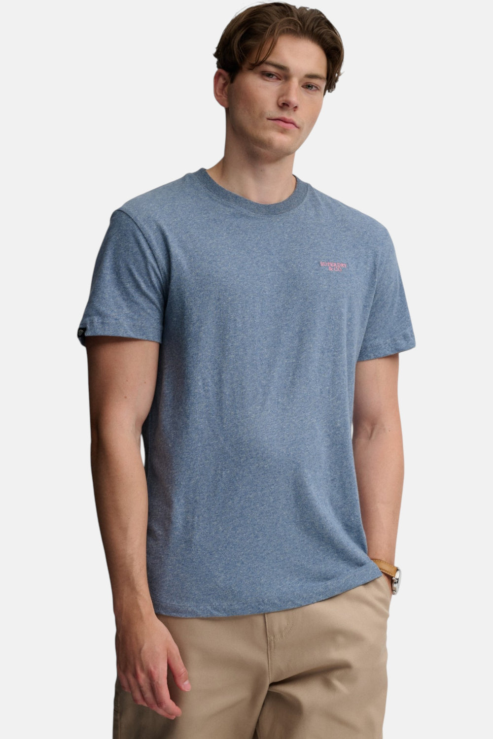 Blue marl crew-neck short-sleeve T-shirt front view with small chest logo