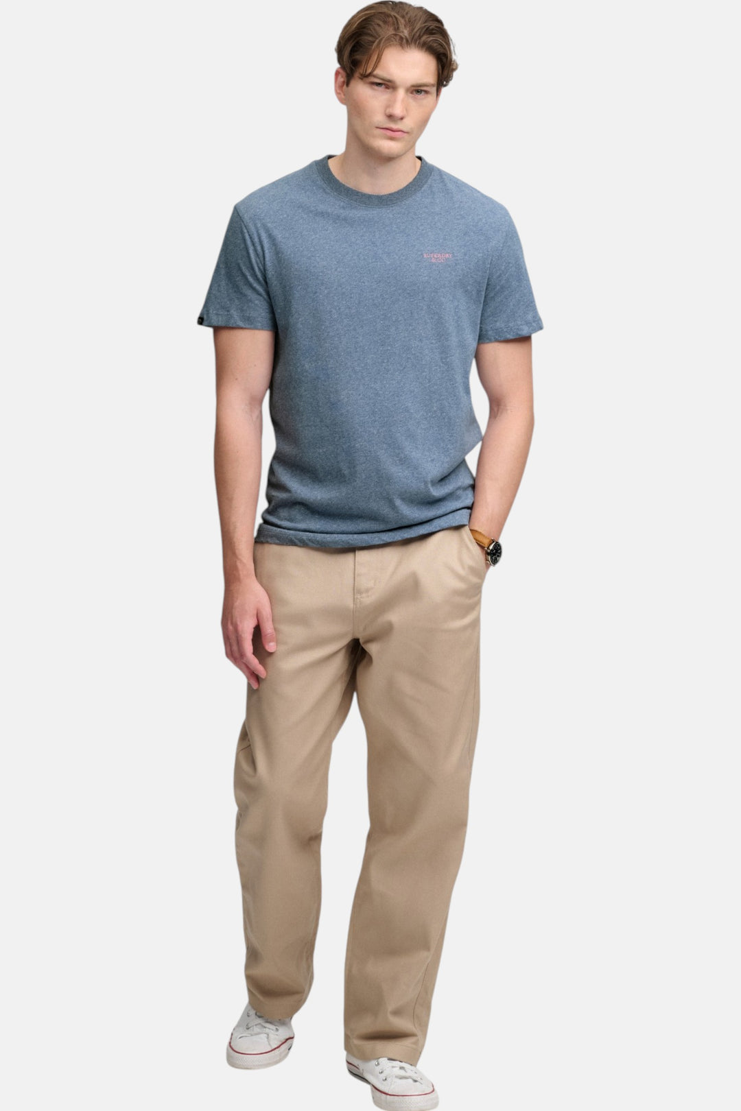Blue marl crew-neck short-sleeve T-shirt with small chest logo