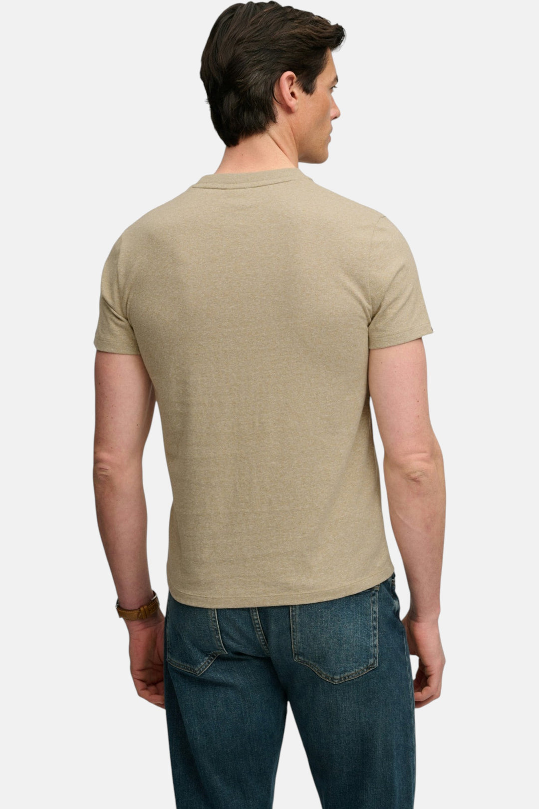 Men’s tan fleck marl essential T-shirt with crew neck and short sleeves (back)