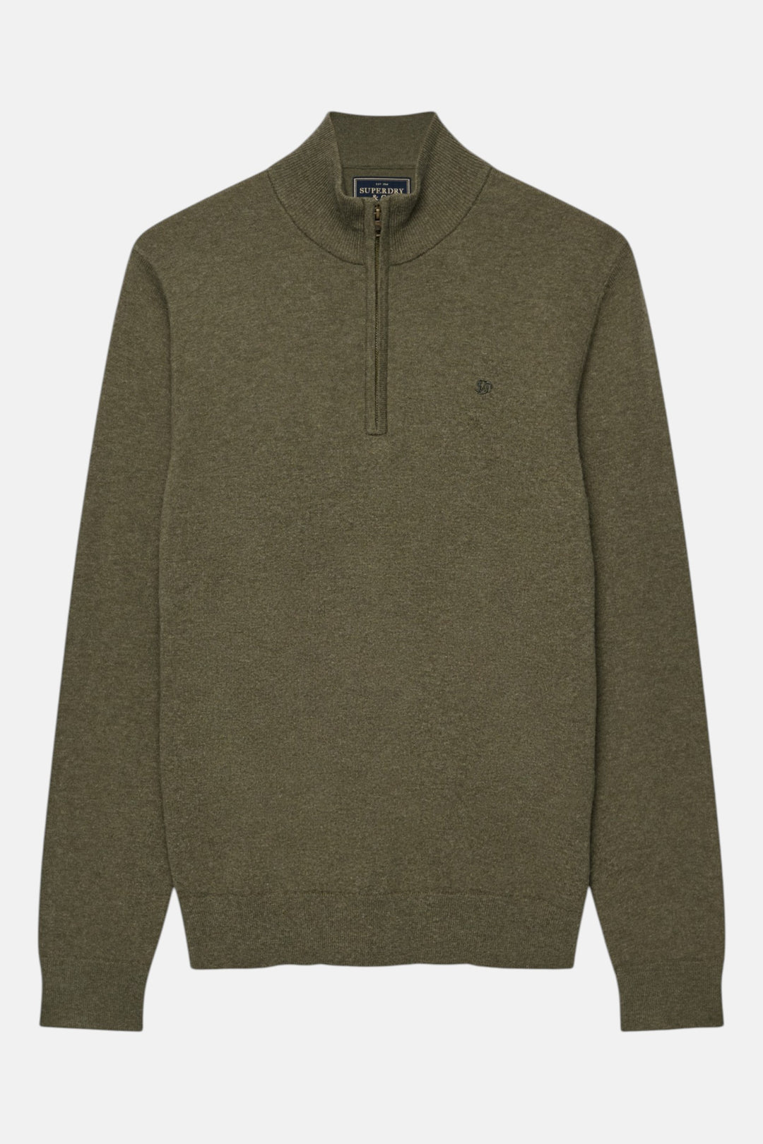 Superdry lightweight half-zip sweater in lichen green marl, long sleeves, stand collar