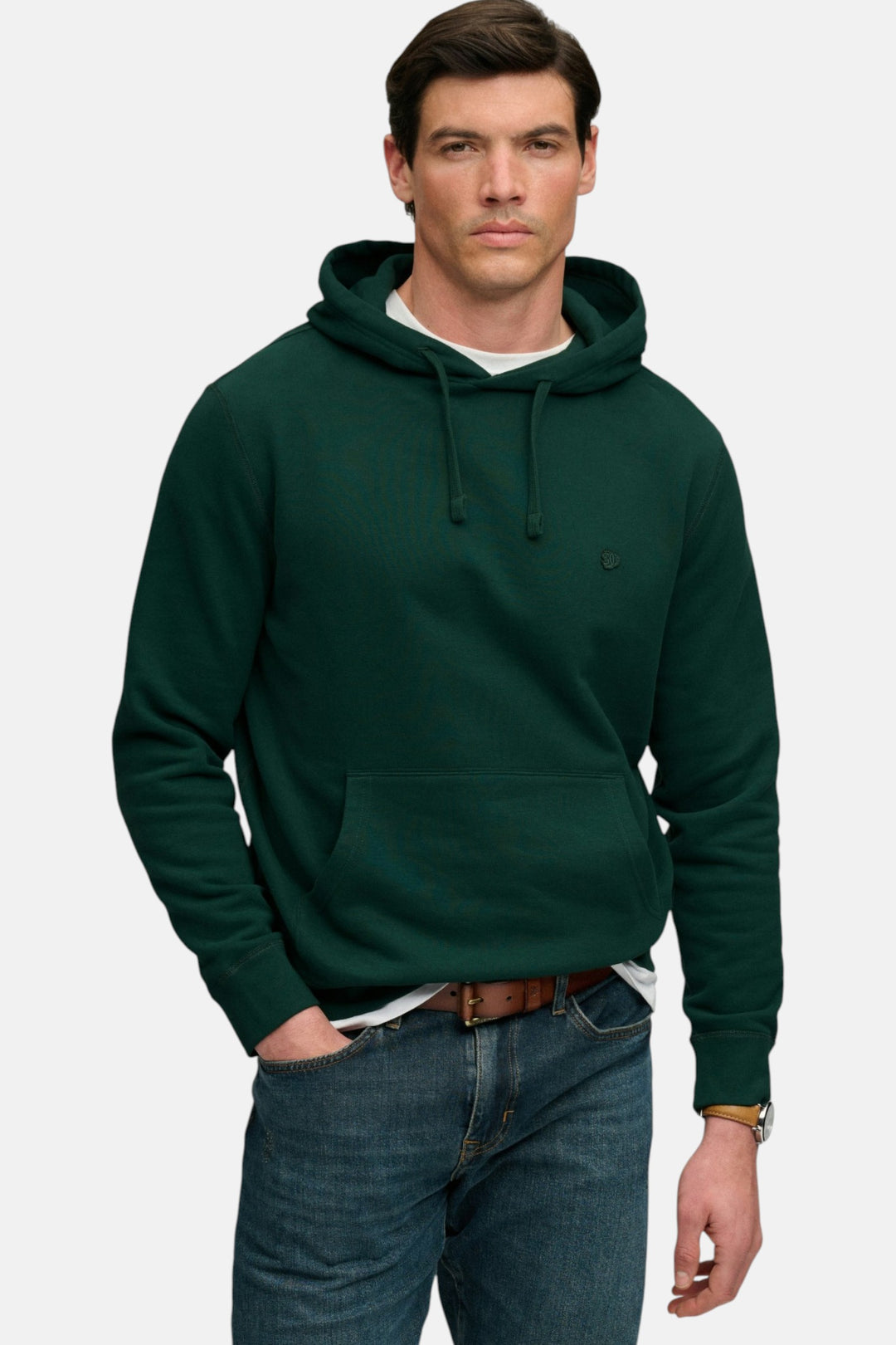 Men's green pullover hoodie with drawstring hood and kangaroo pocket
